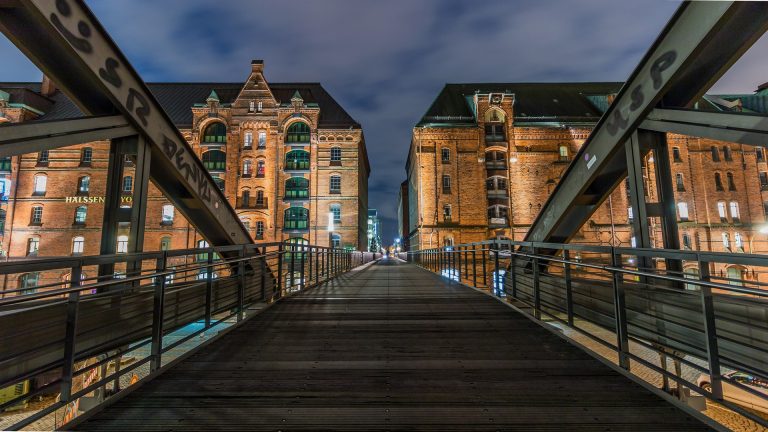 Bridge and older style pretty architecture in the background at night